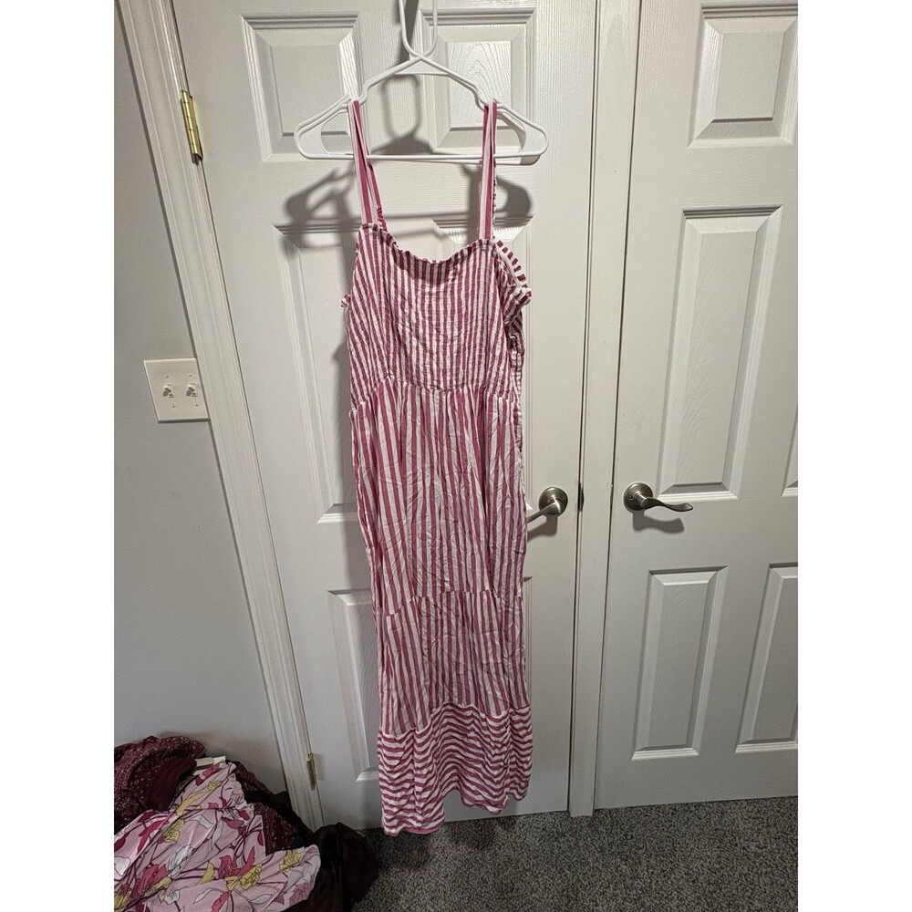 Raviya Cottom Plus size Smocked Sleeveless Maxi Dress Cover-up in Pink White 2X